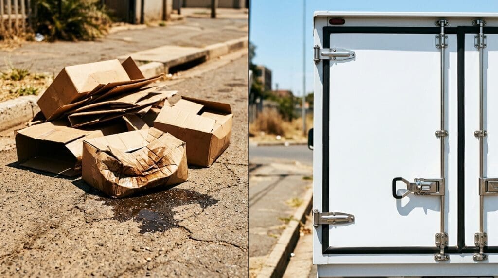 Conceptual image of a food brand caught in the vertical integration trap, illustrating why brands that build their own frozen delivery fleets struggle to control hidden last-mile costs