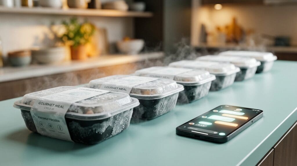 A row of identical frozen meals beside a glowing phone chat, illustrating turning a first frozen order into a repeat subscription and WhatsApp reorders.